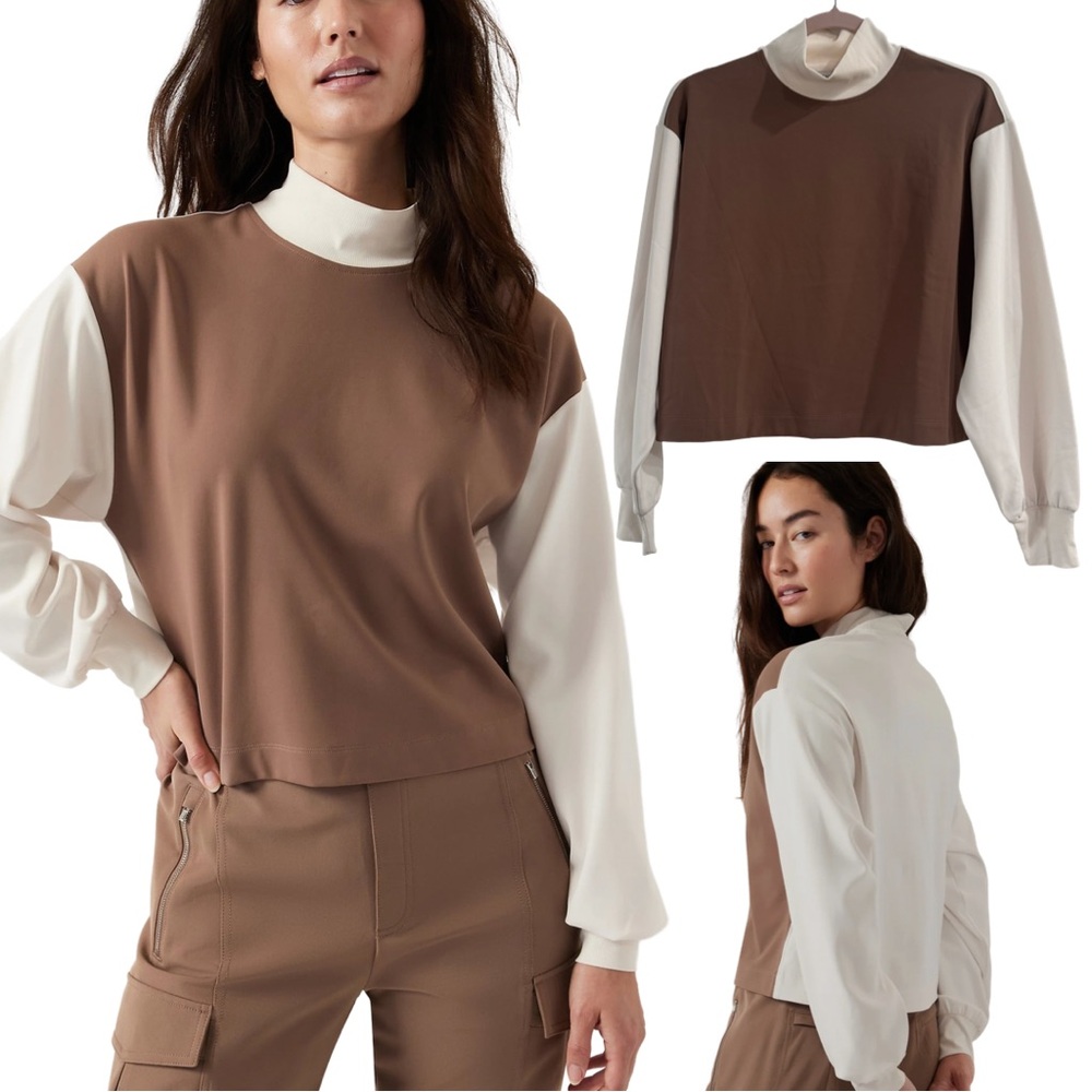 ATHLETA VENICE SWEATSHIRT NUDE COLOR HIGH NECK CROPPED COLOR BLOCK SIZE XS SMALL
